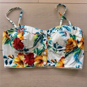 White Floral Button-Front Crop Top